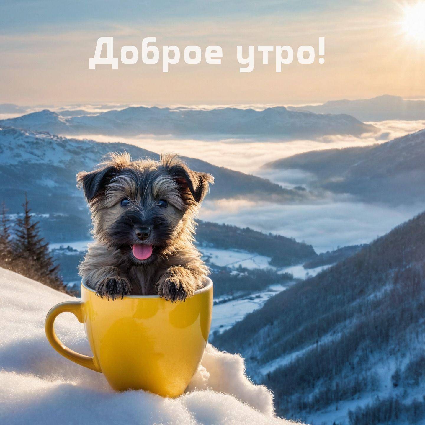 Милый щенок в желтой чашке на фоне гор