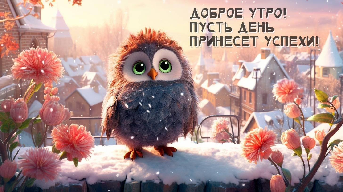 Милый совёнок на снегу, цветы и заснеженные дома