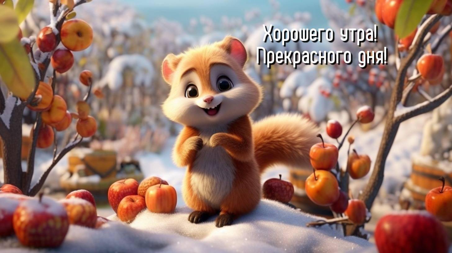 Мультяшная белка стоит на снегу среди яблонь
