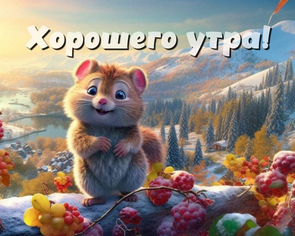 Мультяшная бурундучок на фоне гор и реки