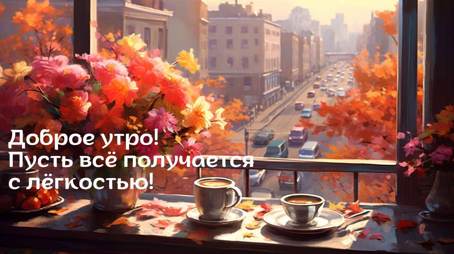 Окно с видом на осенний город, цветы и чашки кофе