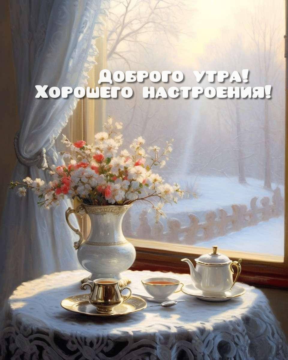 Окно с видом на заснеженный лес, цветы и чайный сервиз
