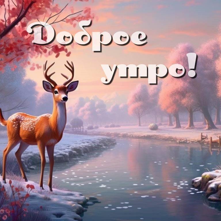 Олень у реки, розовые деревья, заснеженный берег