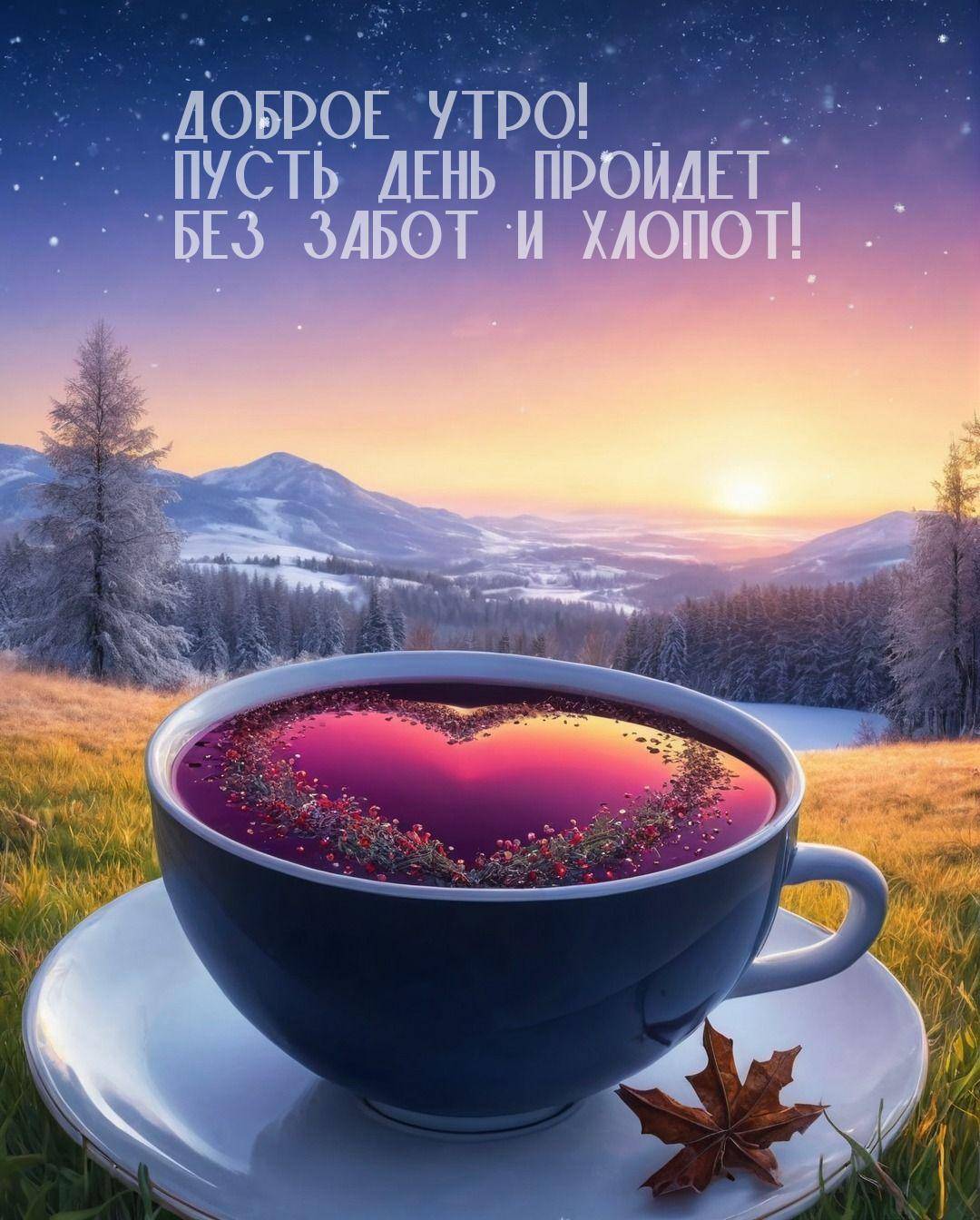 Отражение сердца в чашке на фоне зимнего пейзажа