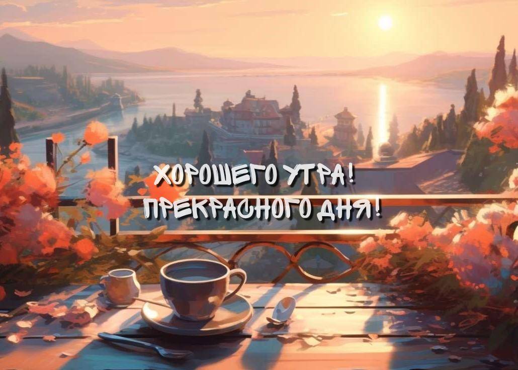 Пейзаж с видом на озеро, чашка кофе на столе