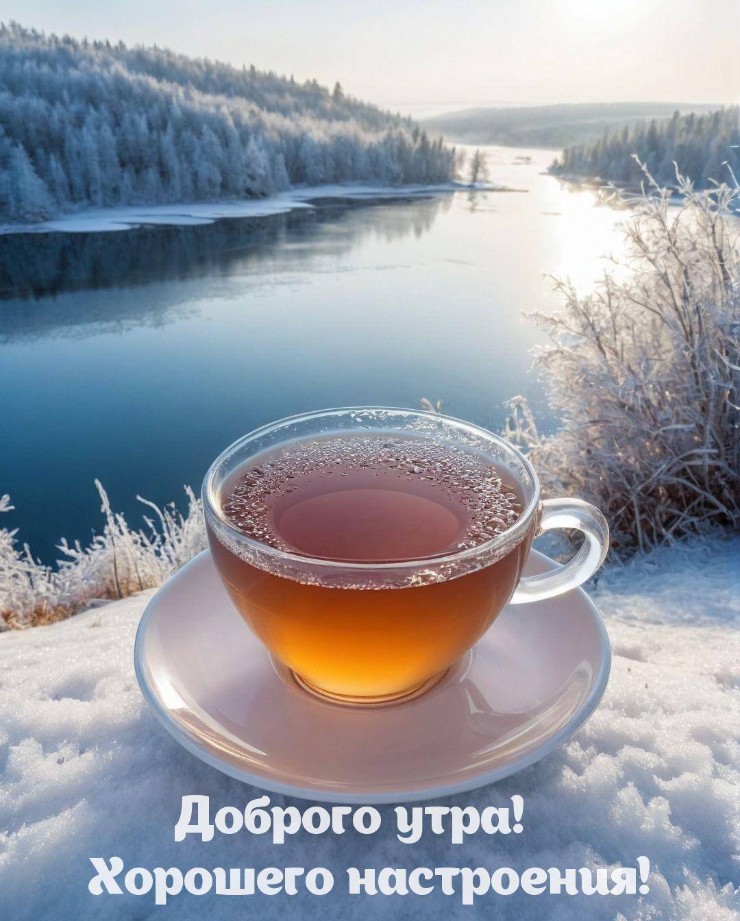 Прозрачная чашка чая на фоне зимнего пейзажа