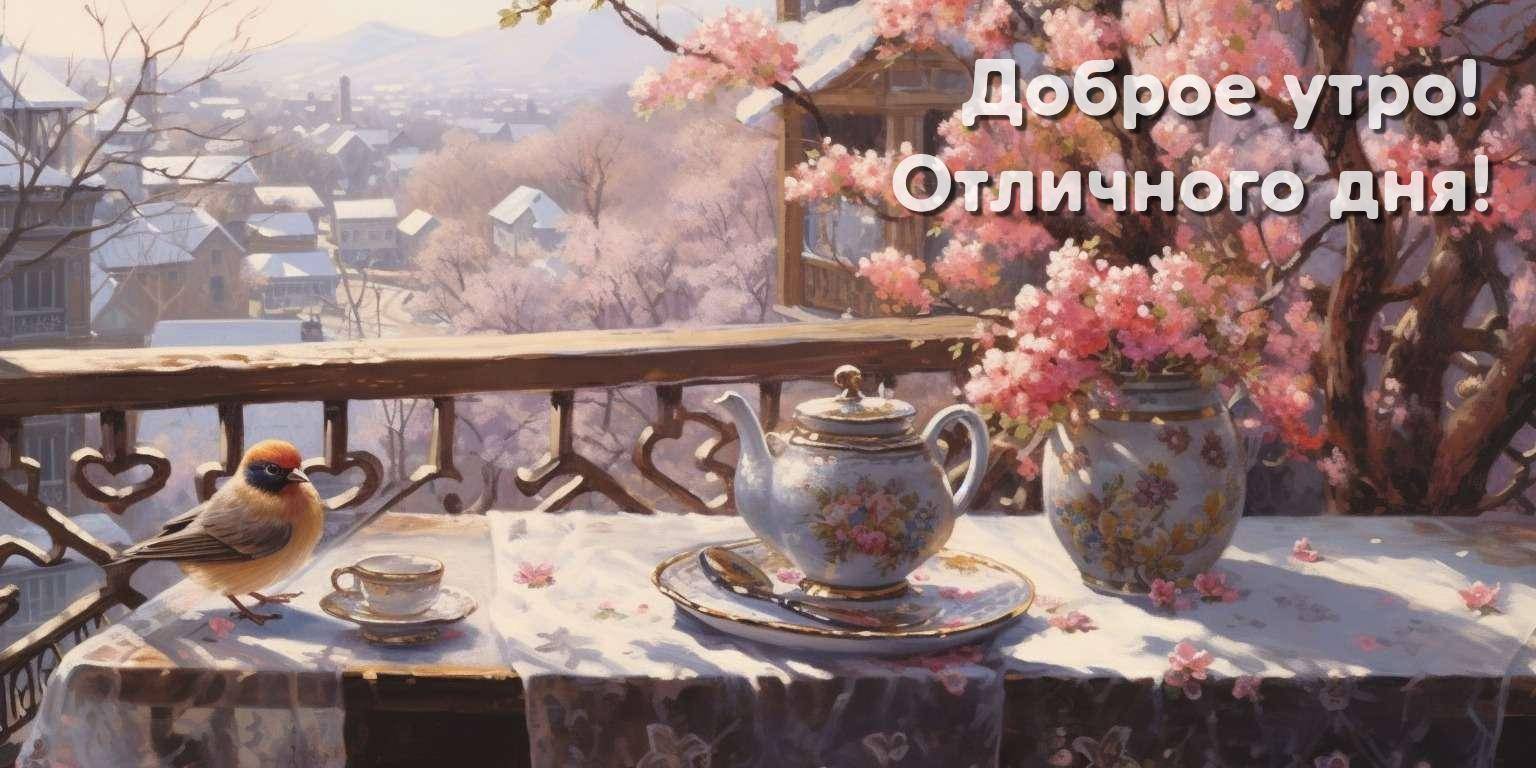 Птица на столе с чайным сервизом утром