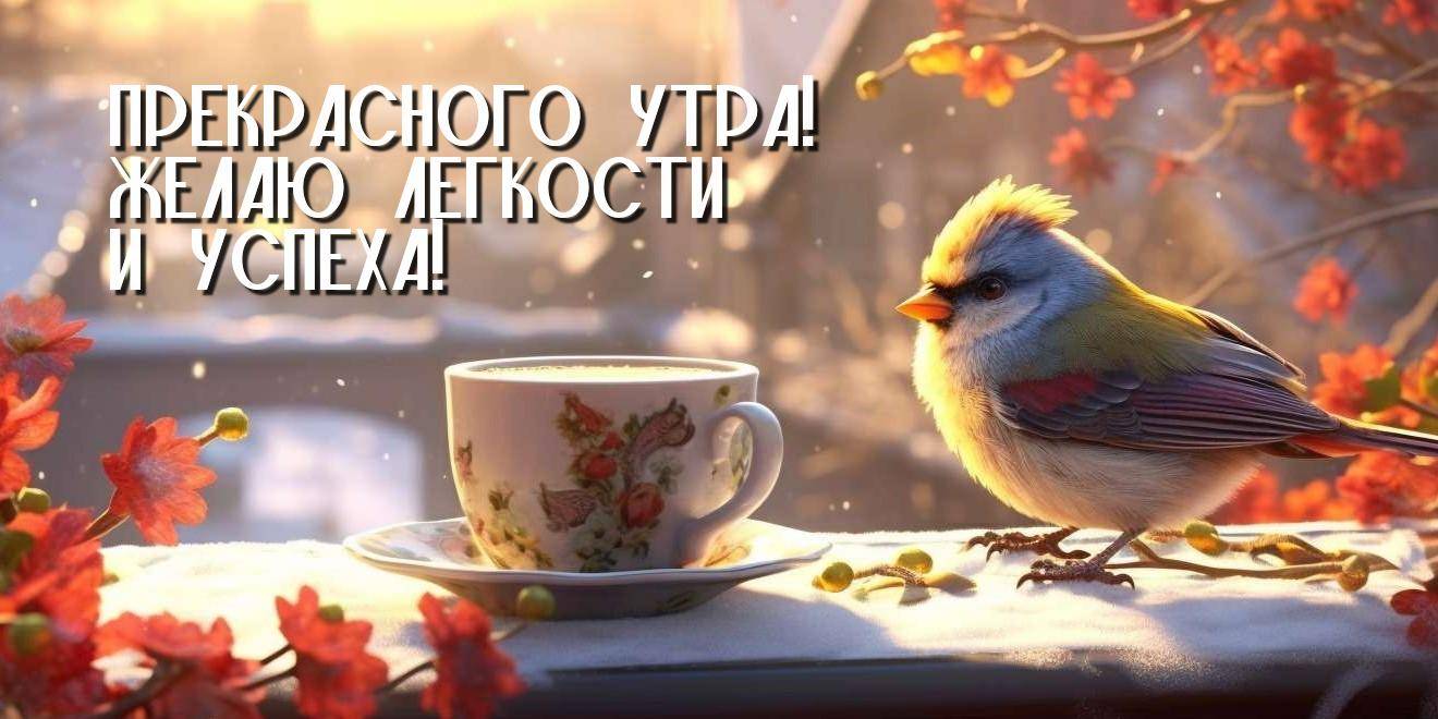 Птица на ветке рядом с чашкой на фоне утреннего света