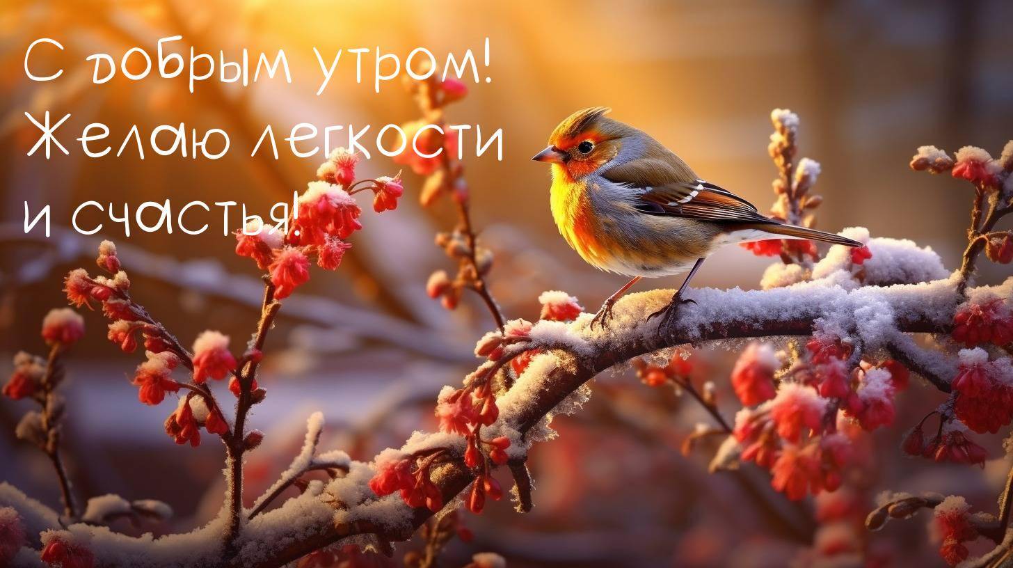 Птица на ветке с цветами в снегу