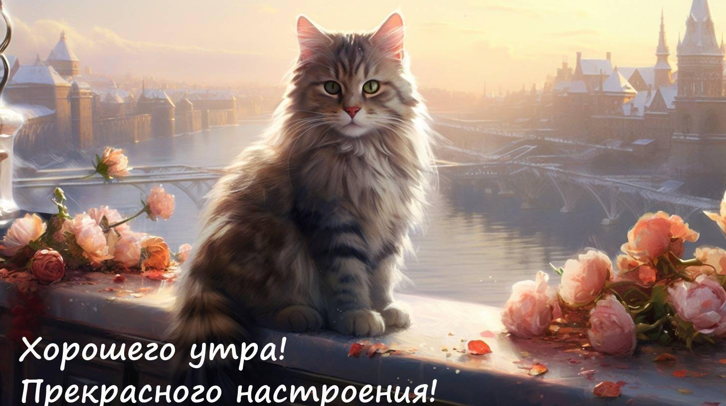Пушистый кот сидит на балконе среди роз утром