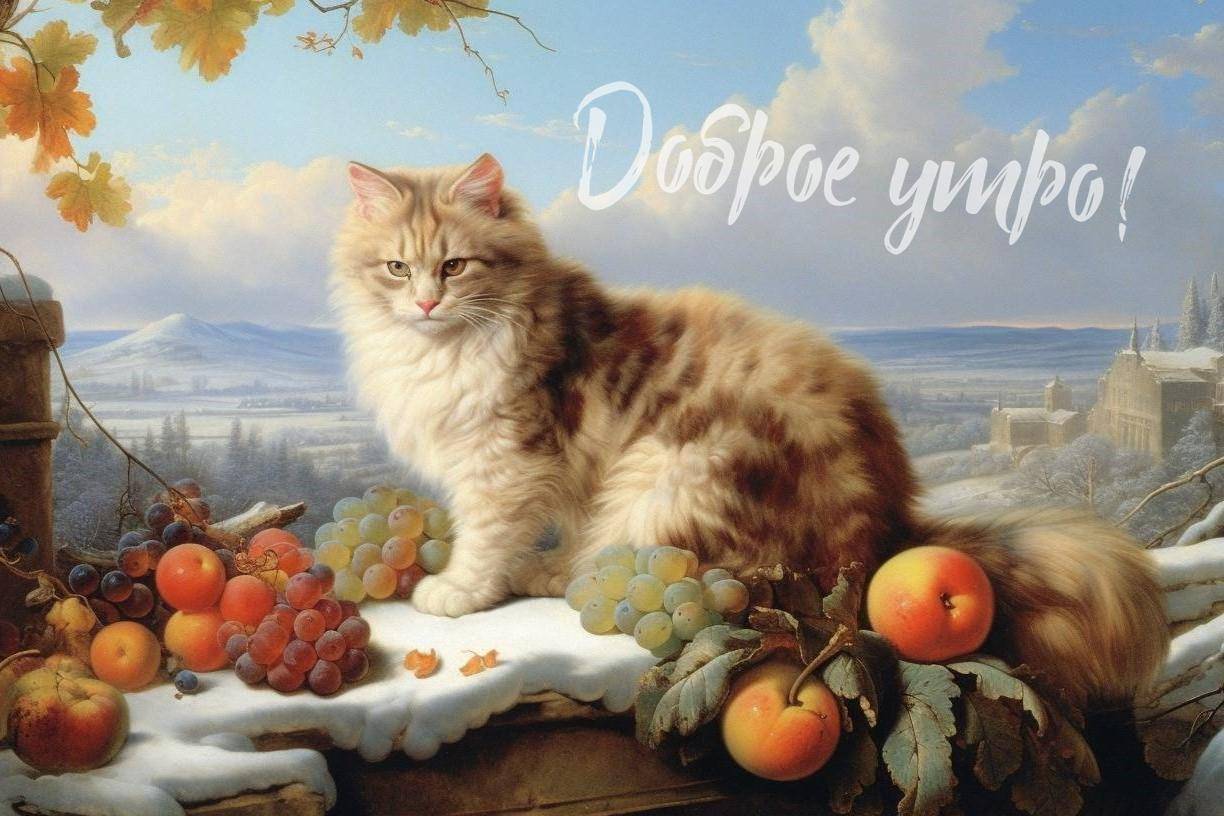 Пушистый кот среди осенних фруктов на фоне пейзажа