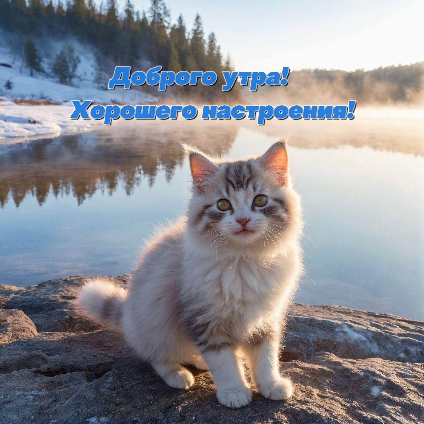 Пушистый светлый кот у воды с туманом