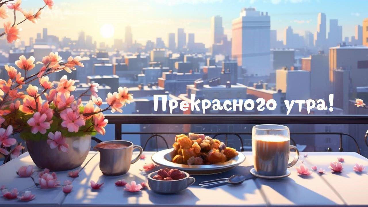 Рассветный вид на город с завтраком на балконе