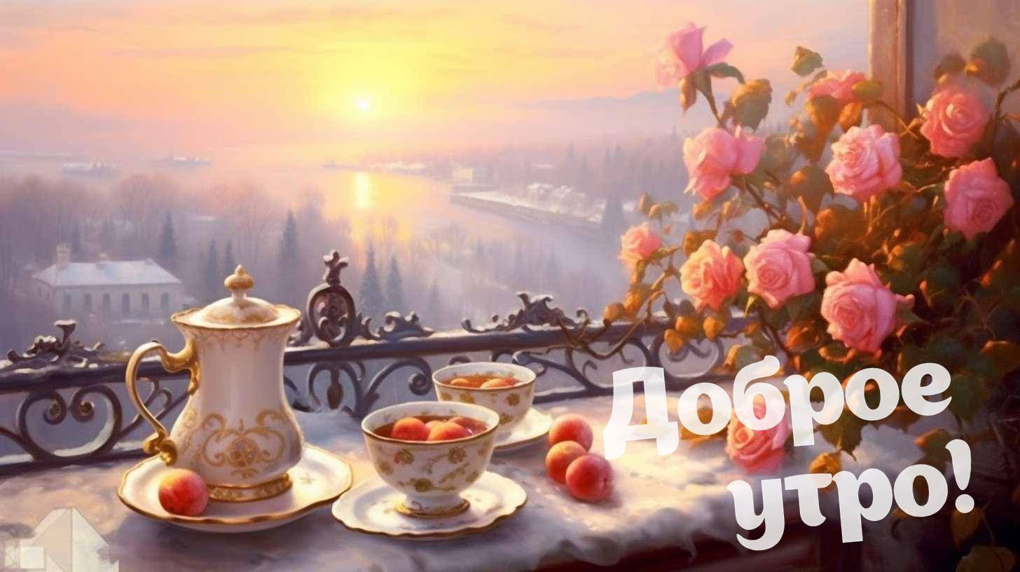 Рассветное небо, чайный сервиз, розы на балконе