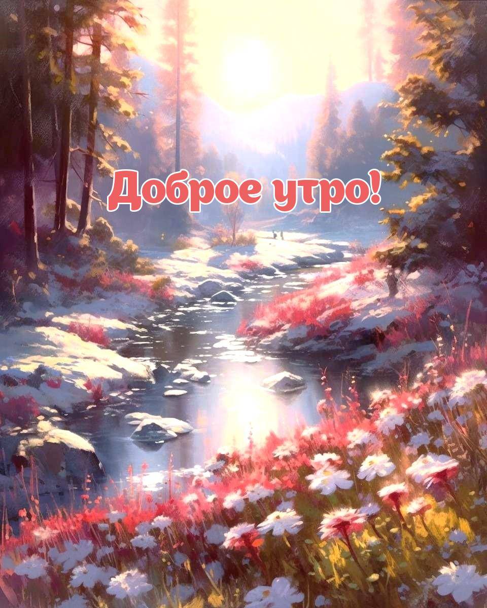 Река в лесу с цветами и деревьями при свете солнца