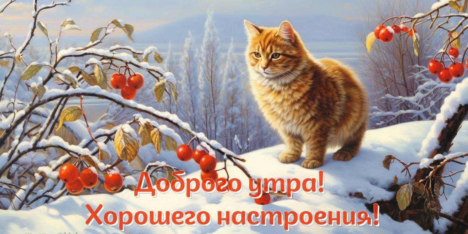 Рыжий кот на снегу рядом с ветками калины