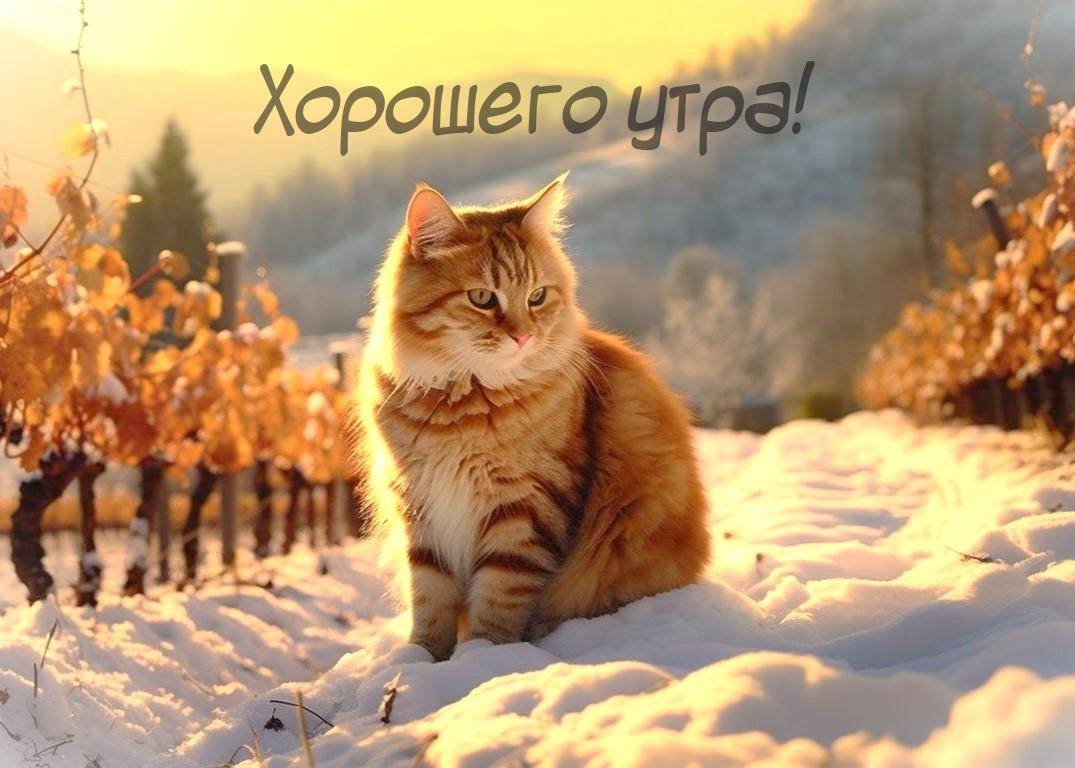 Рыжий кот сидит на снегу