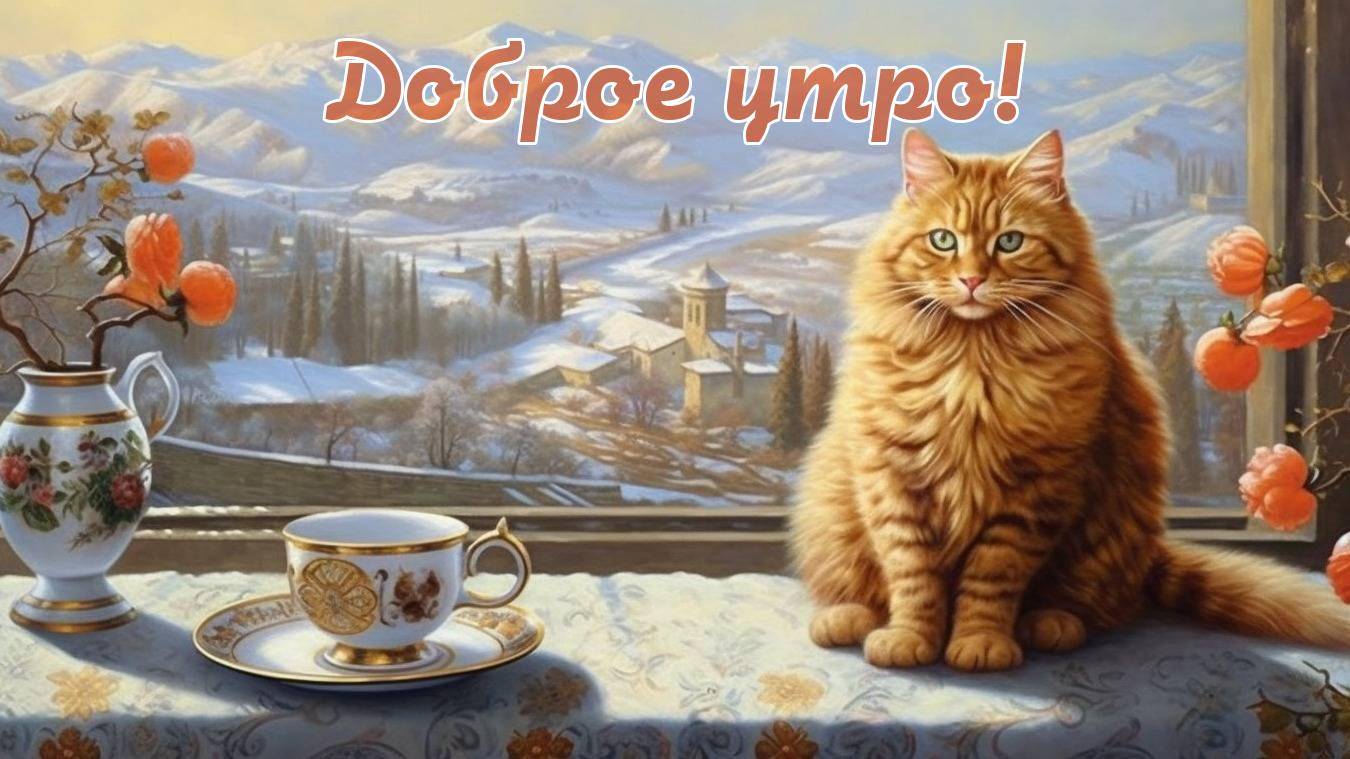 Рыжий кот сидит на столе рядом с чашкой и вазой