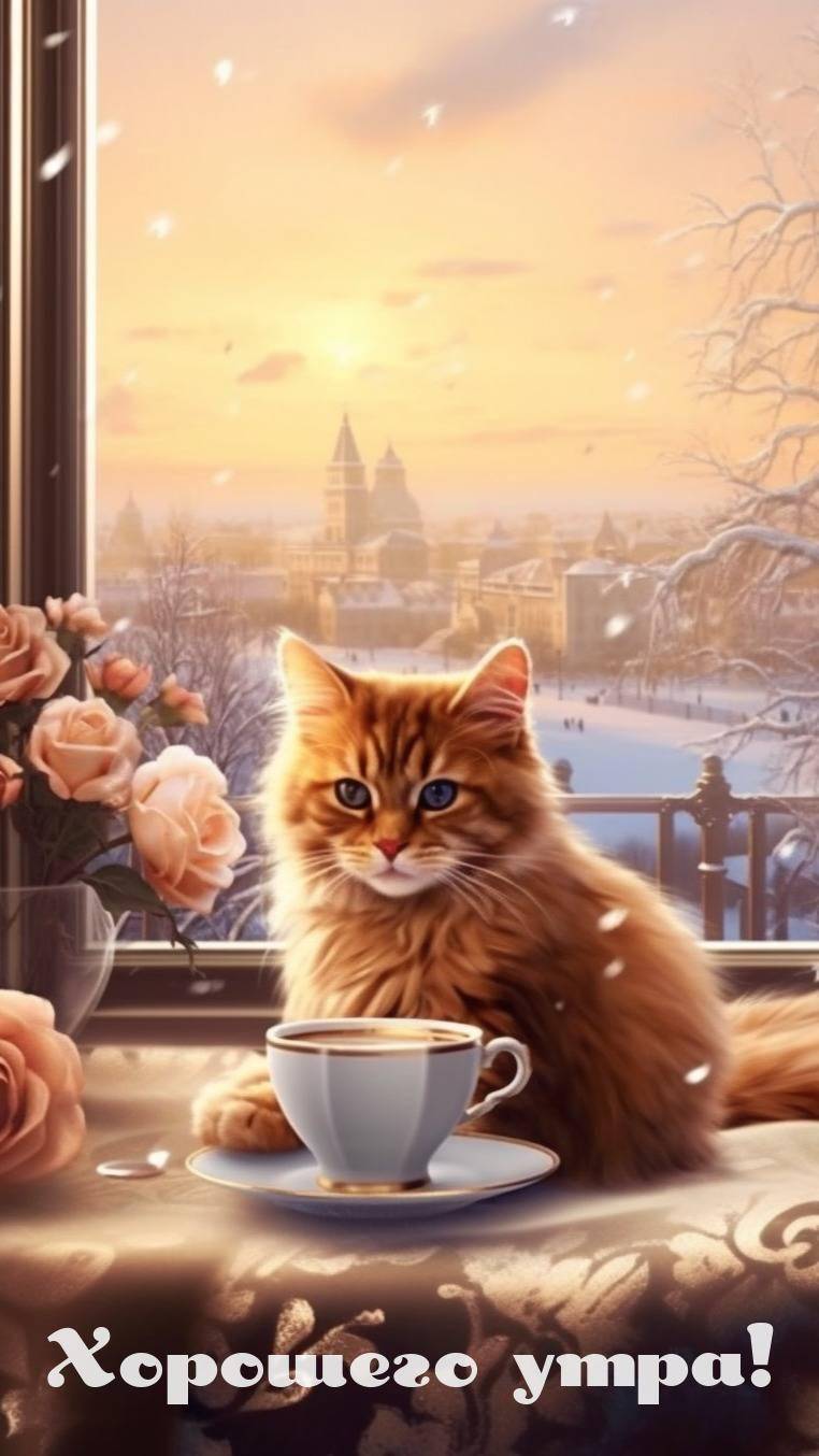 Рыжий кот смотрит из окна, чашка кофе, розы, утренняя свежесть