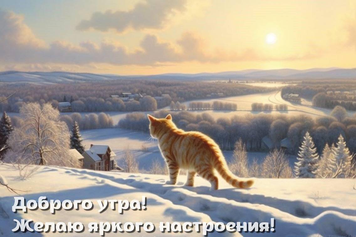 Рыжий кот смотрит на заснеженный пейзаж