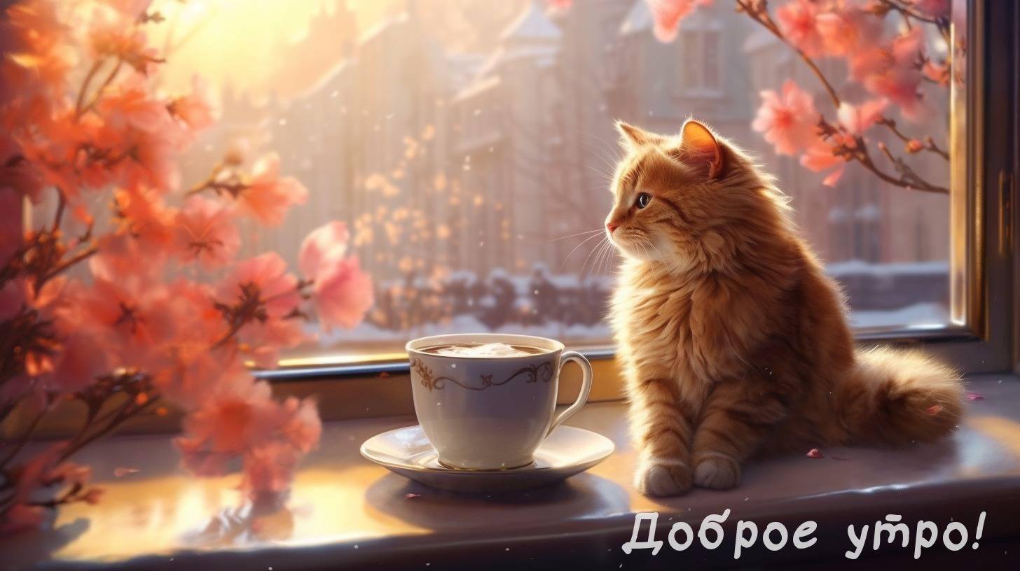 Рыжий кот смотрит в окно, рядом чашка кофе, цветущие ветки