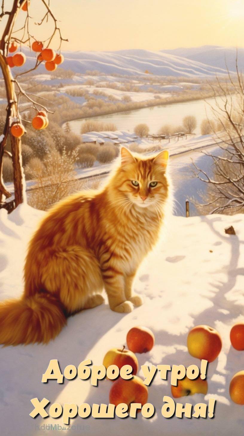 Рыжий кот среди снега и яблок