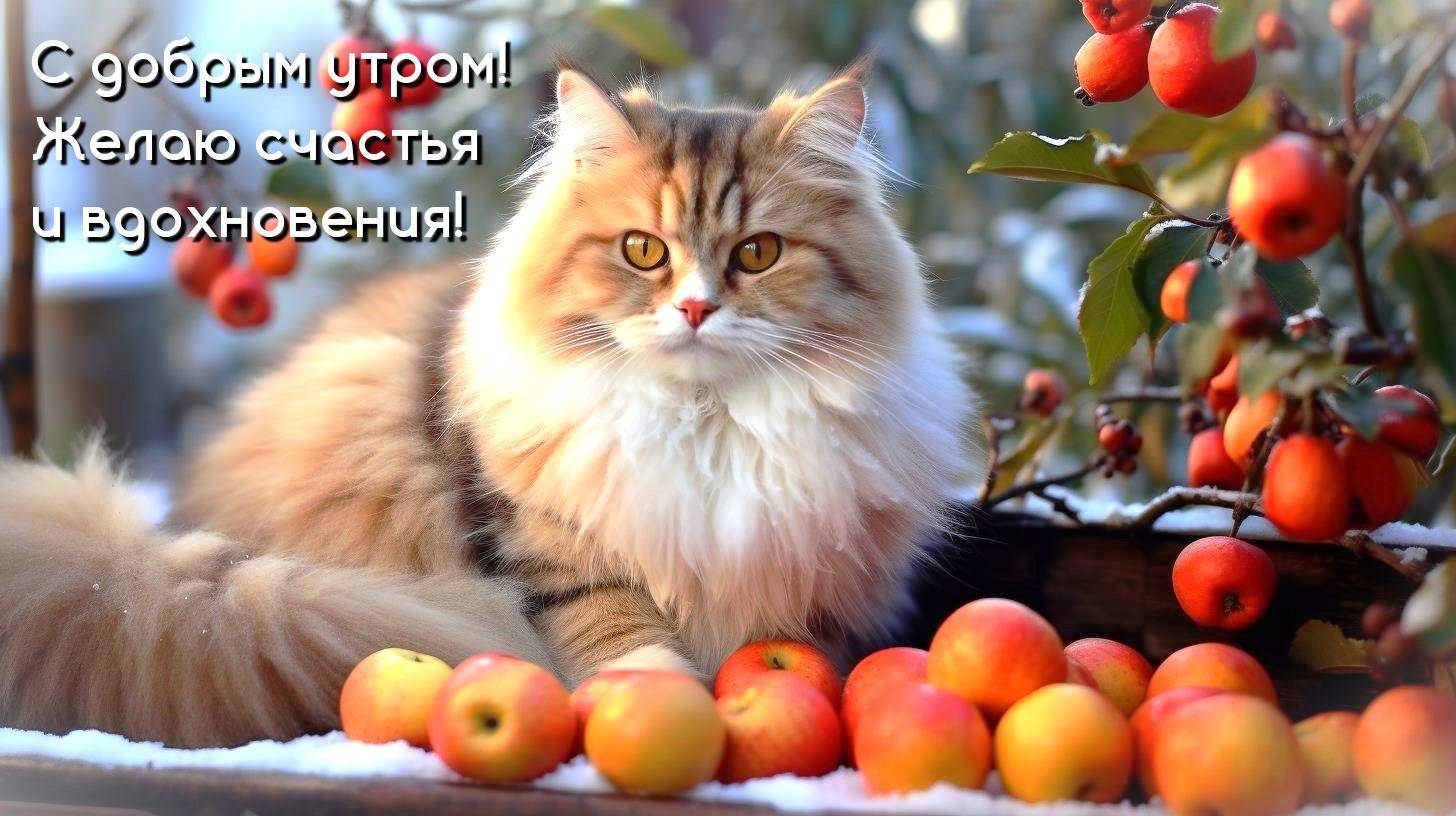 Рыжий кот среди яблок и снега