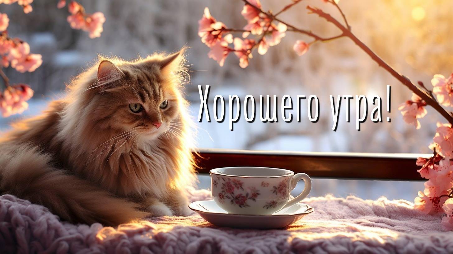Рыжий пушистый кот рядом с чашкой на фоне цветов