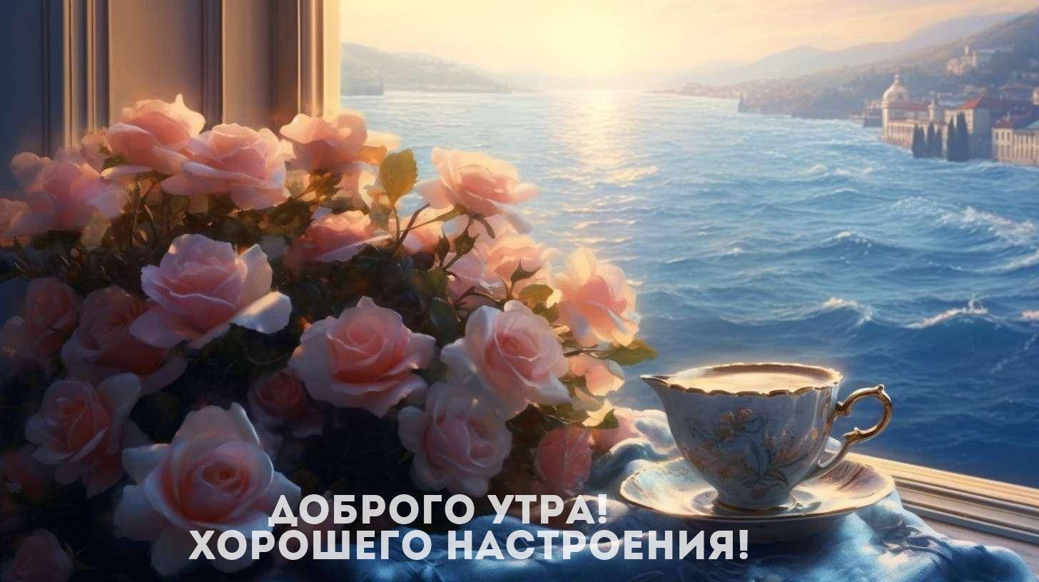 Розы на подоконнике, чашка чая, вид на море
