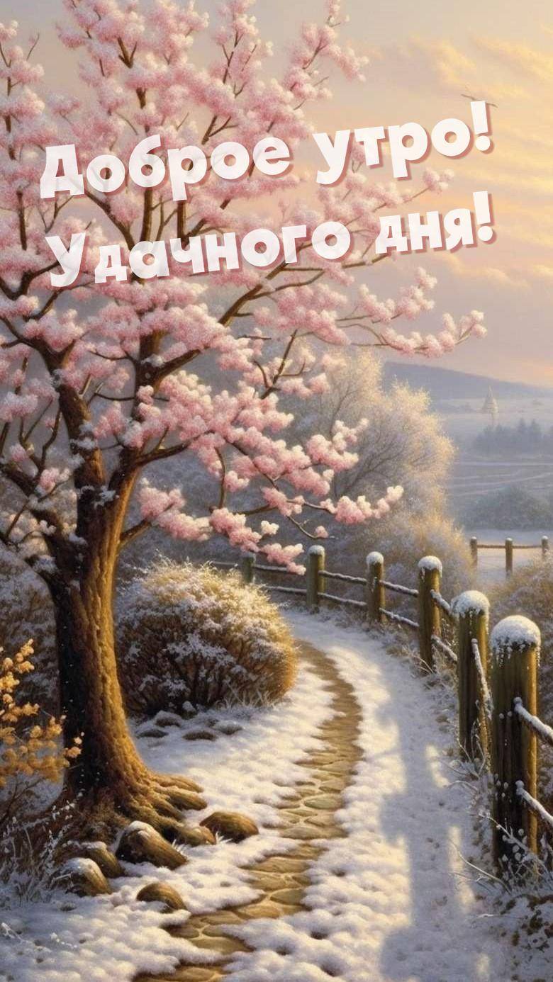 Розовые цветы на дереве у снежной тропинки