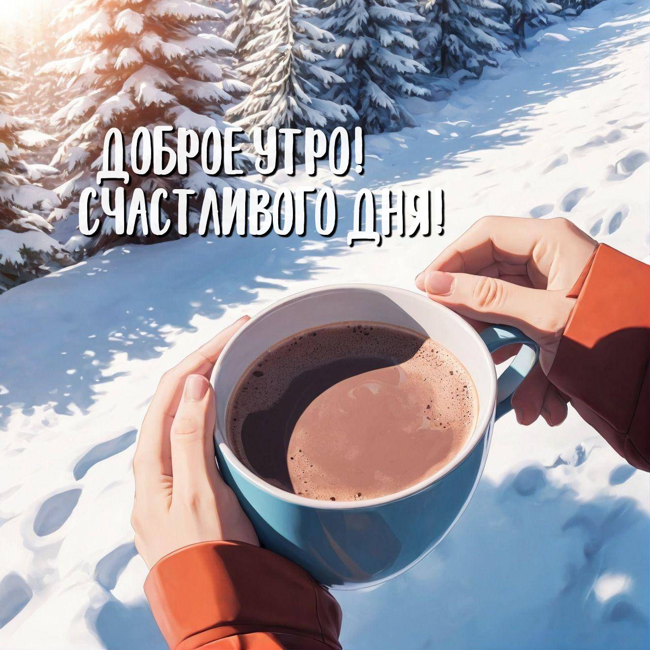 Руки держат голубую кружку с горячим напитком на фоне заснеженных елей