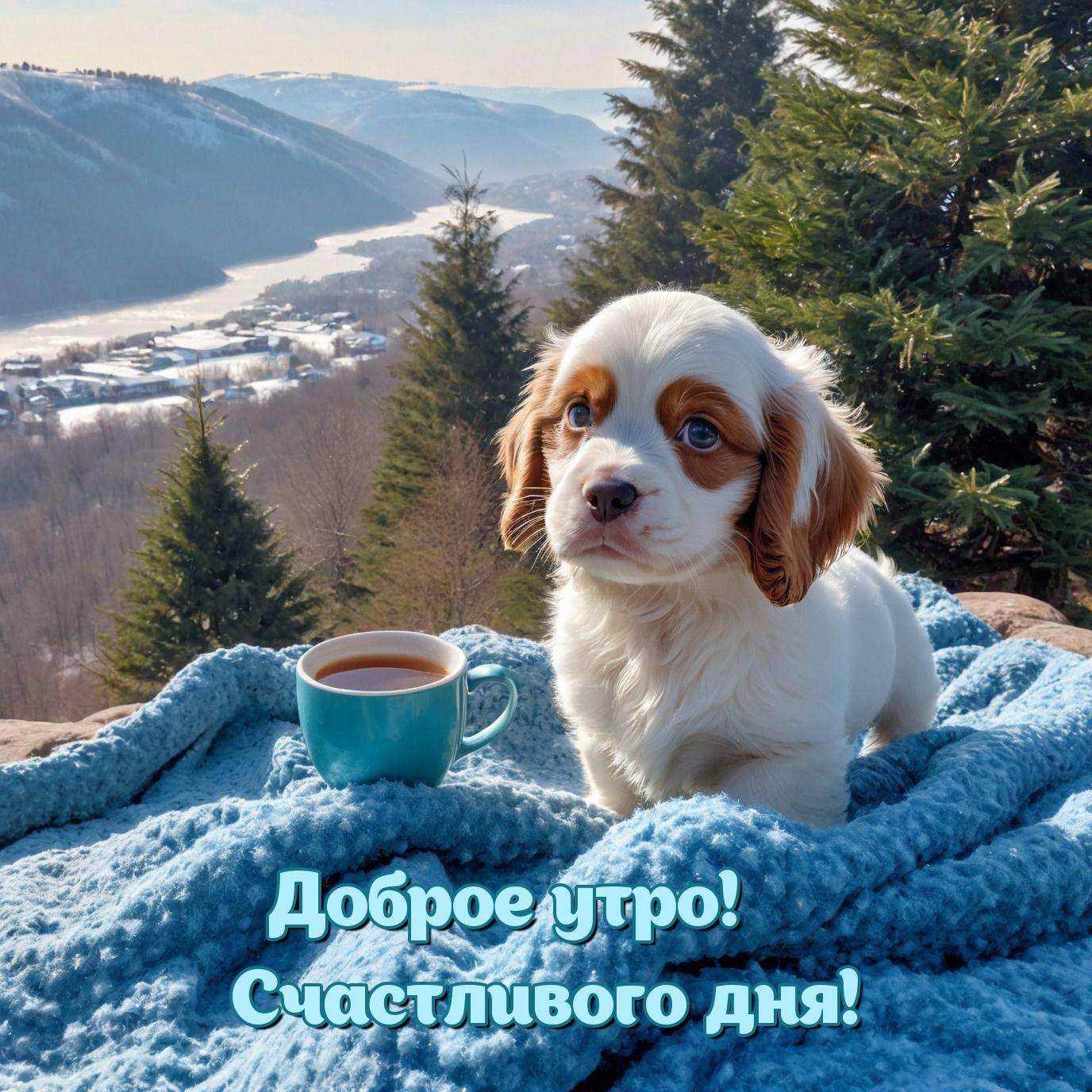 Щенок на фоне реки и холмов