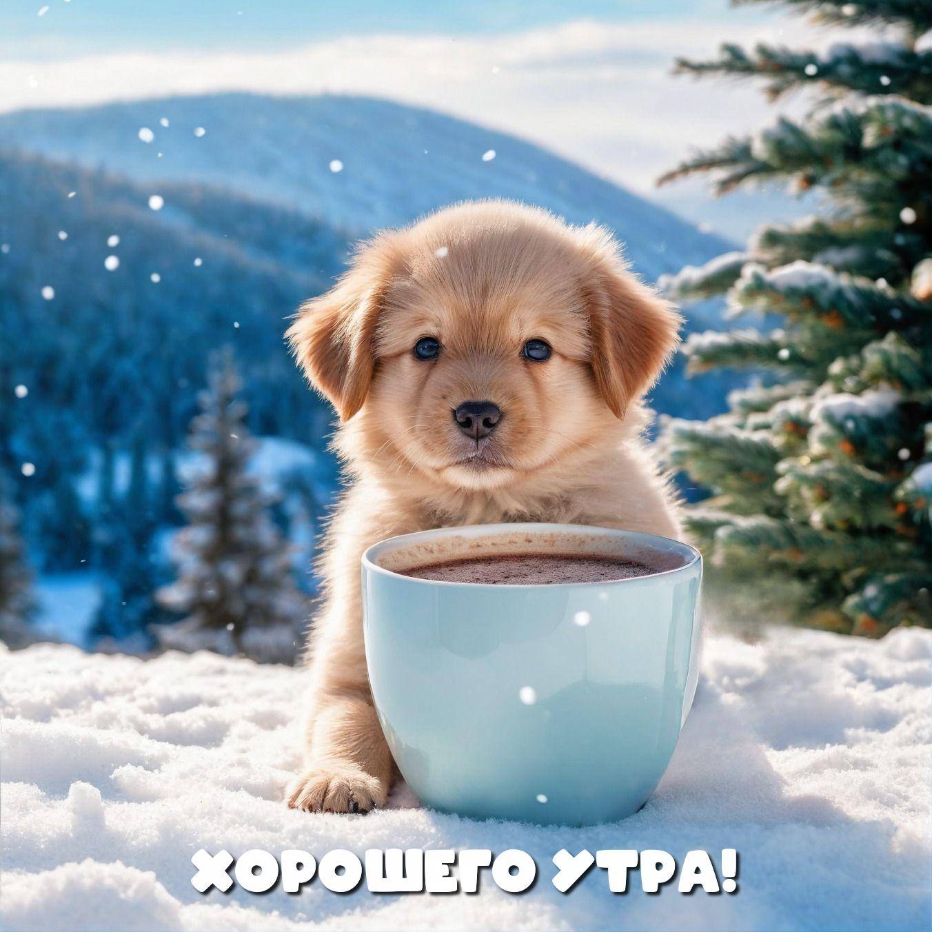 Щенок с кружкой на снегу