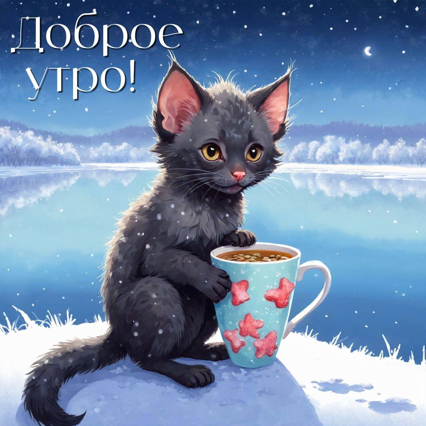 Серый котенок держит кружку на фоне зимнего пейзажа