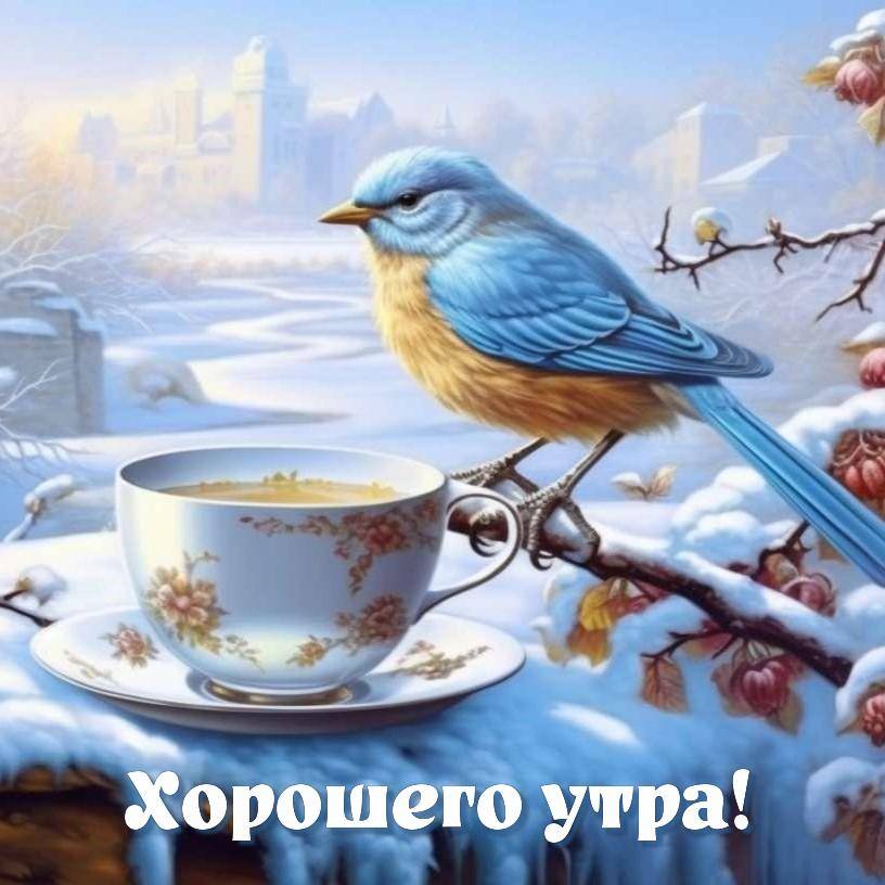 Синяя птица на снежной ветке с чашкой чая