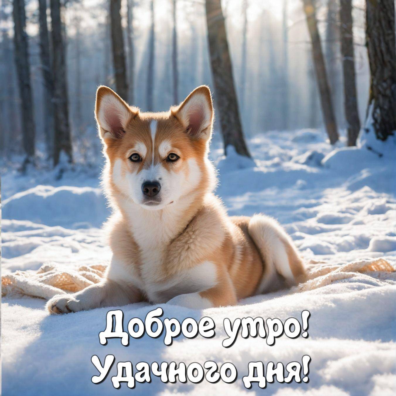 Собака породы хаски отдыхает в снежном лесу