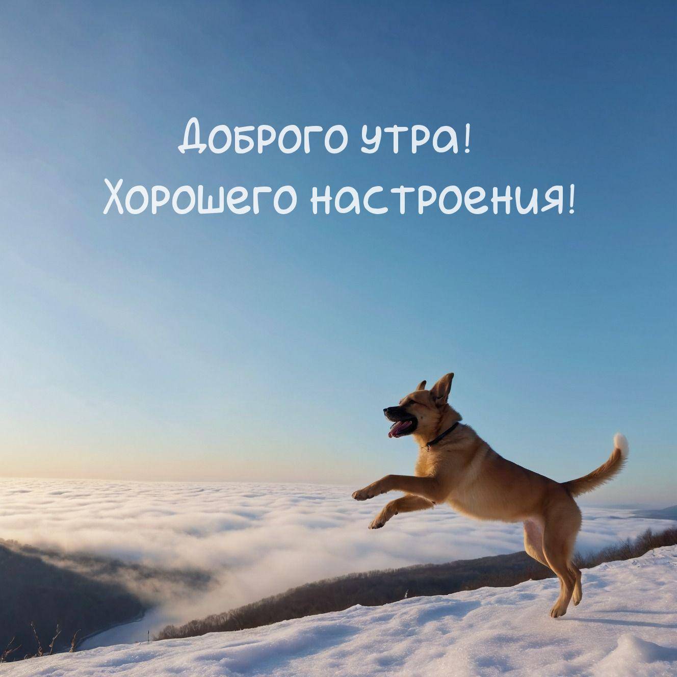 Собака прыгает над облаками на фоне голубого неба