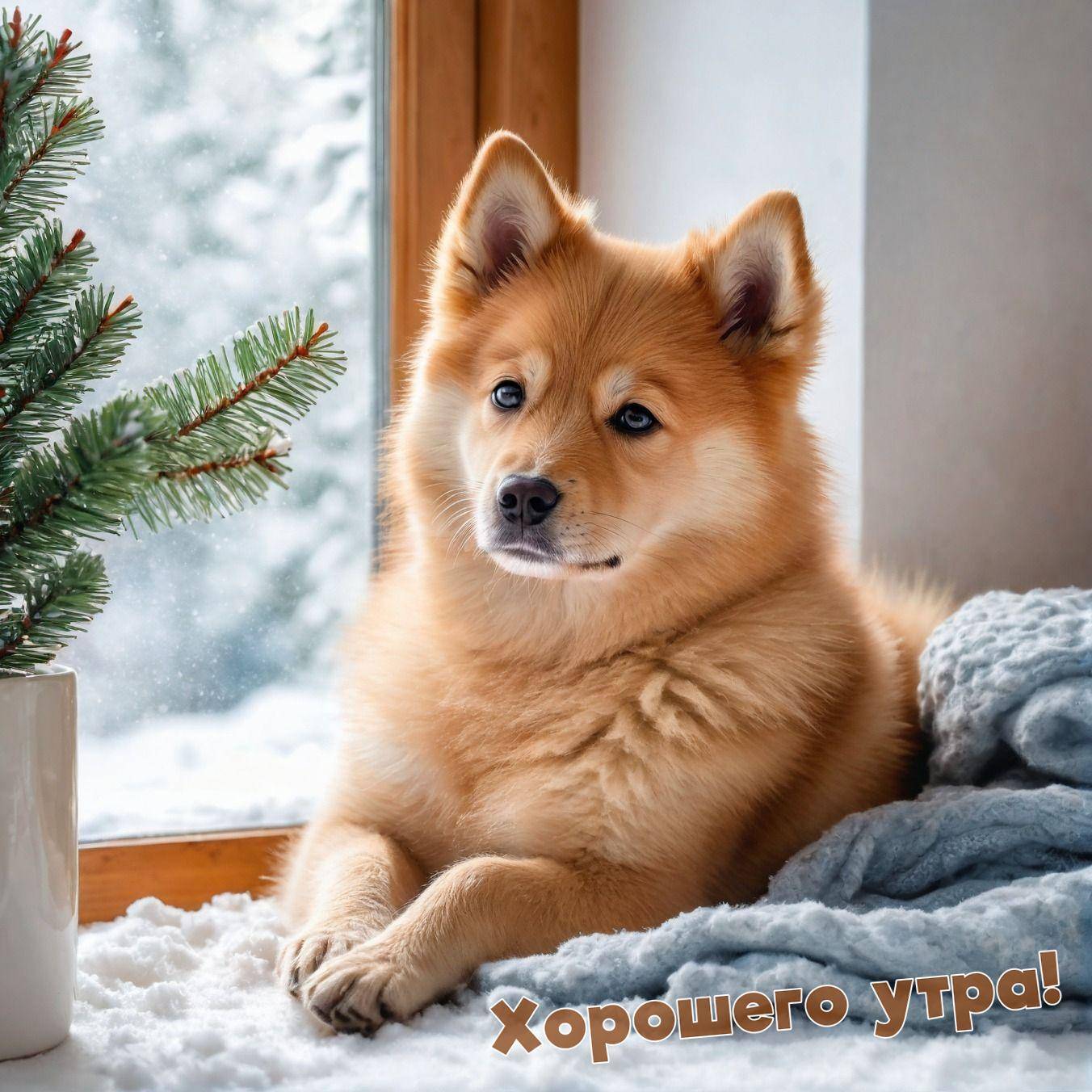 Собака рядом с окном, вид на заснеженные деревья