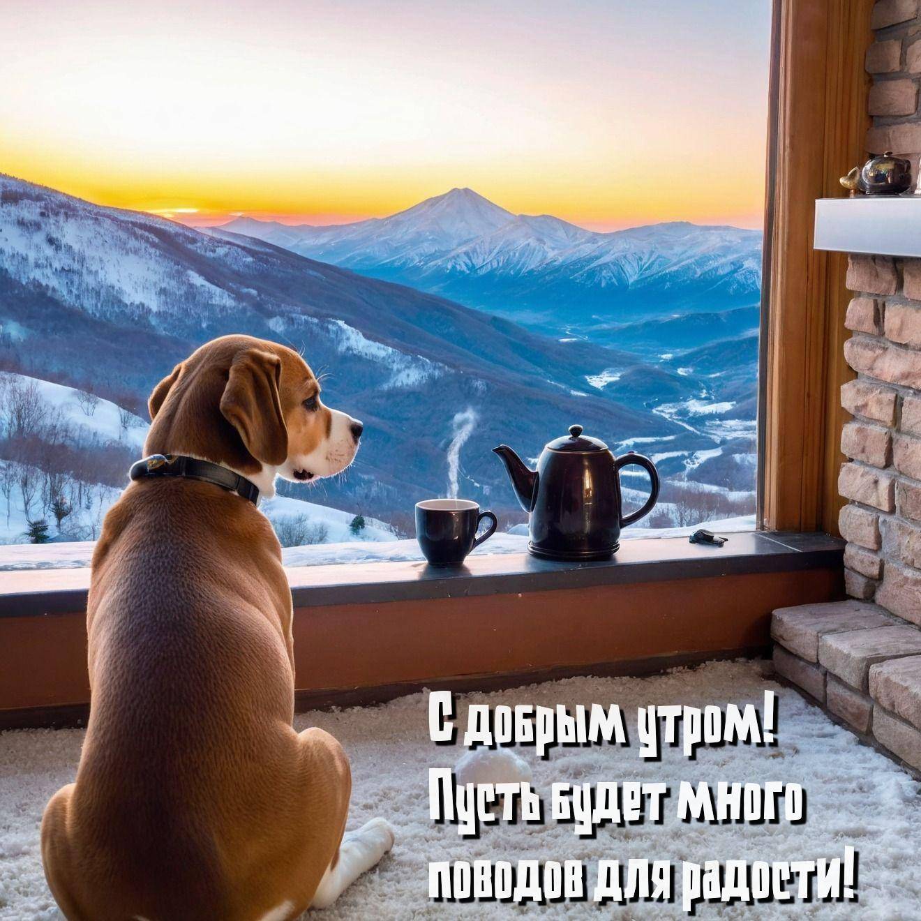 Собака смотрит на рассвет в горах из окна