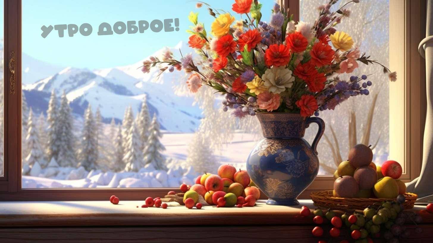 Цветы в вазе и фрукты на подоконнике