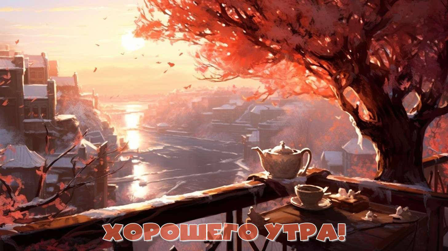 Утренний городской пейзаж, дерево с красными листьями