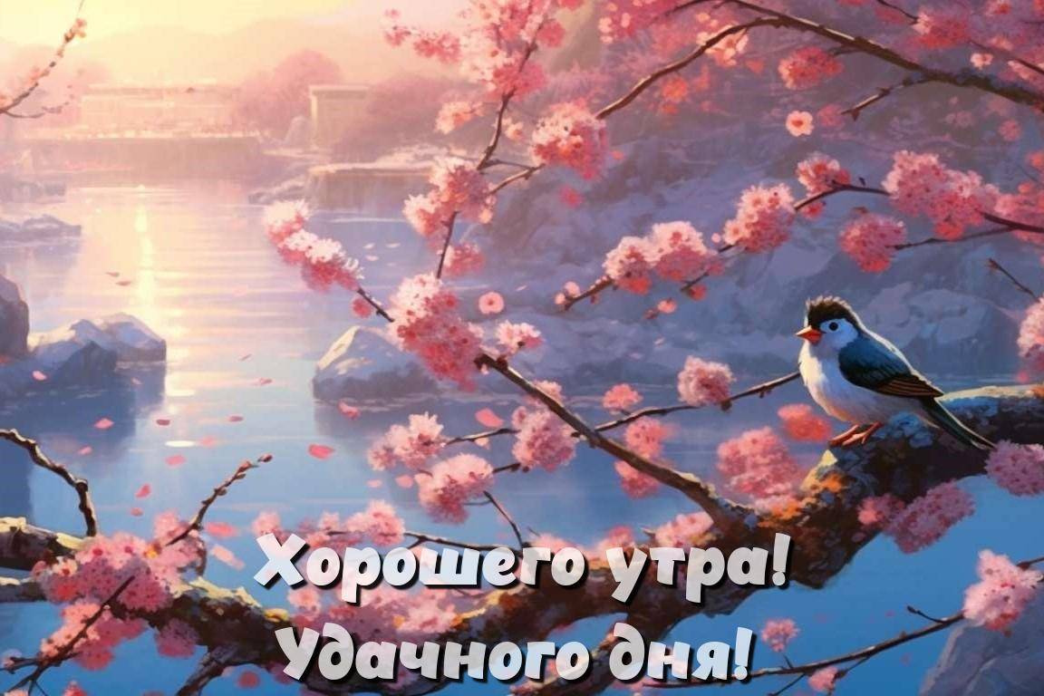 Ветка с цветущей сакурой и птица на рассвете