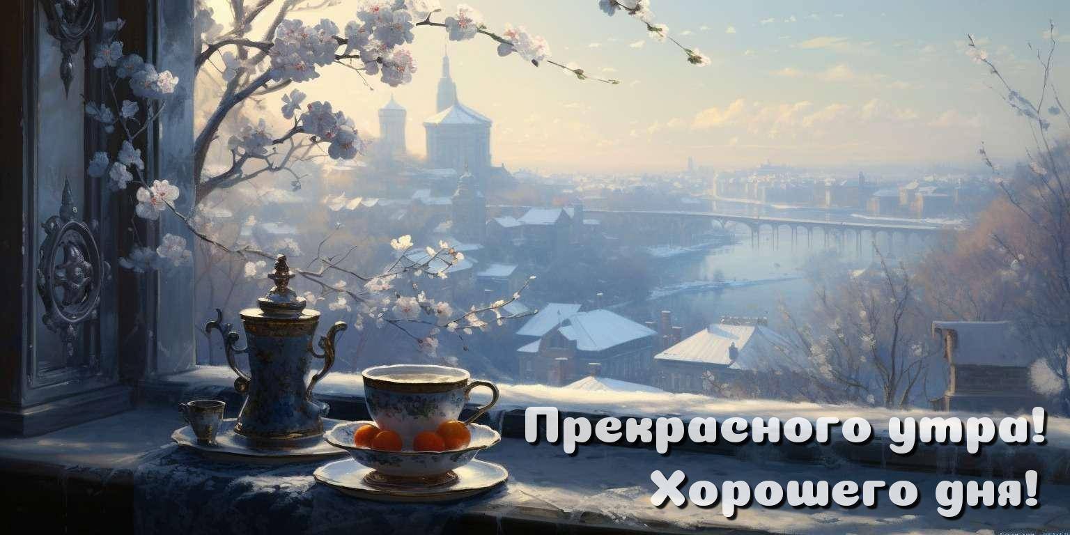 Вид из окна на город, чайник и чашка на подоконнике
