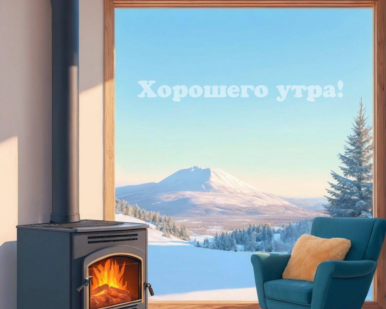 Вид из окна на заснеженный пейзаж и гору