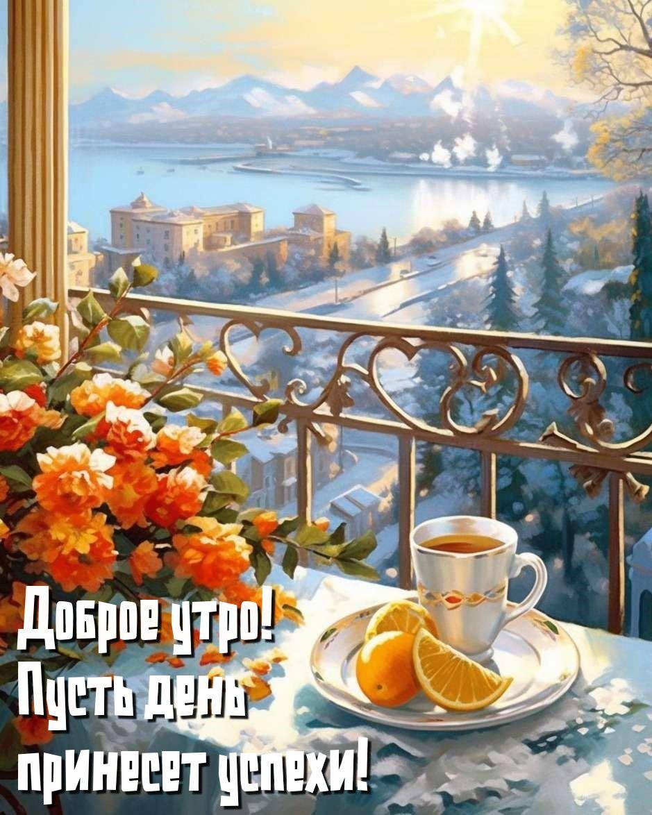 Вид на озеро из окна, цветы и чашка с чаем