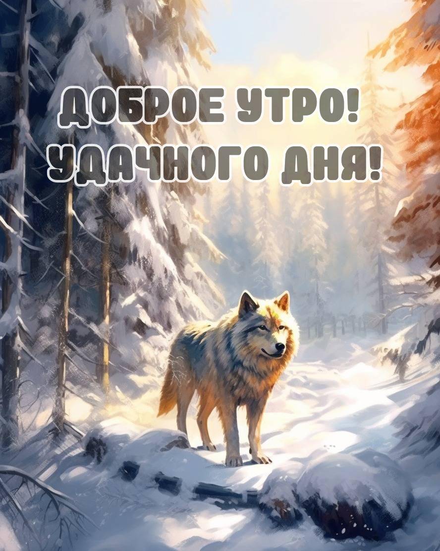 Волк стоит на снегу среди заснеженных деревьев