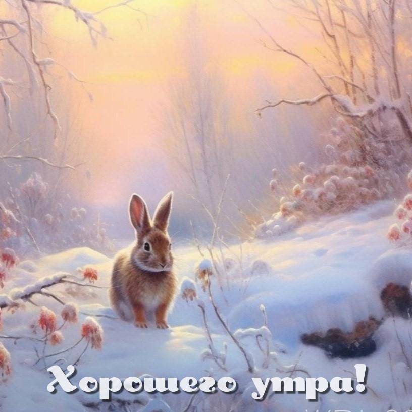 Зайчик на снегу в зимнем лесу при тумане