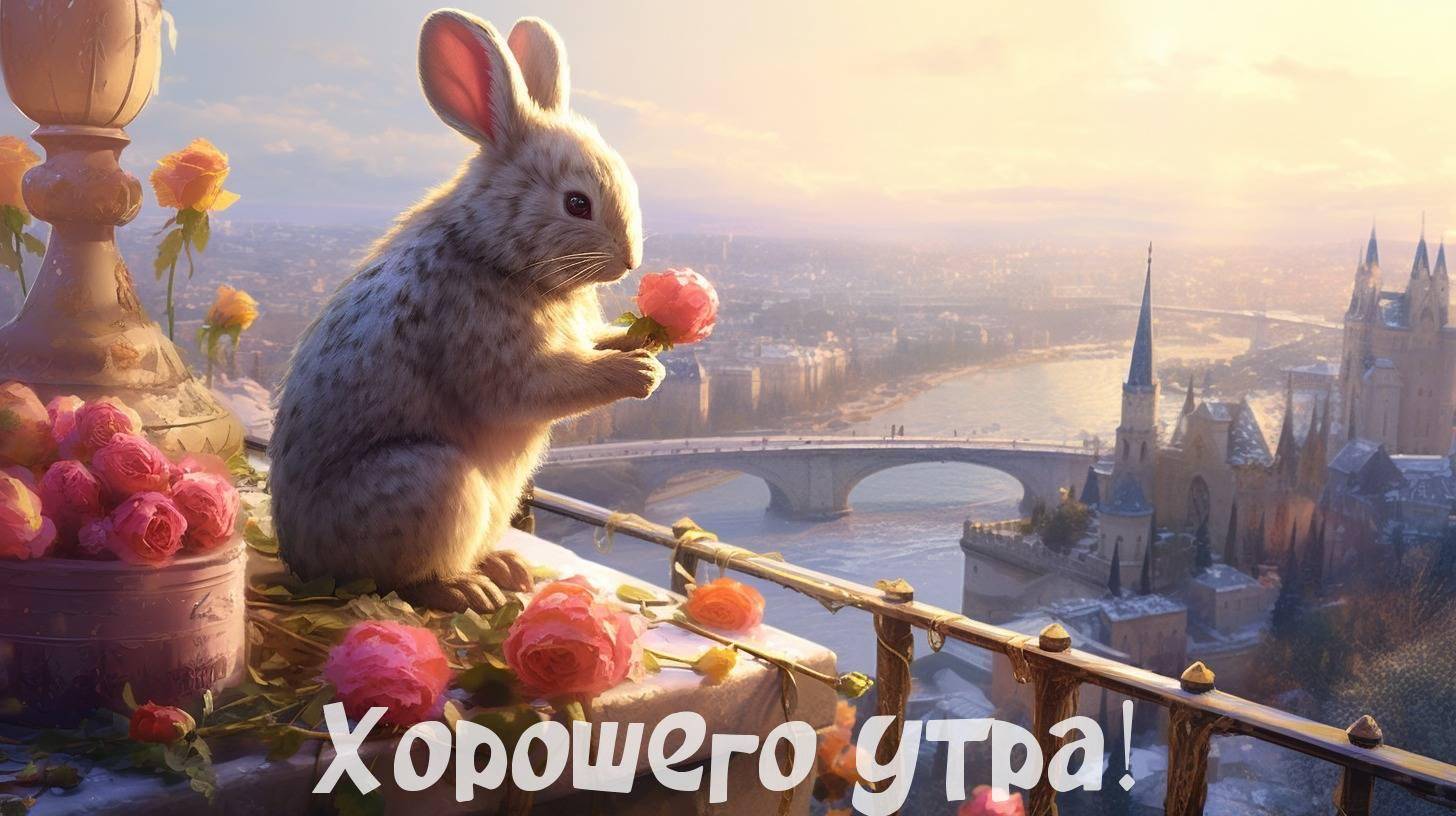 Зайчик с розой на фоне моста и реки