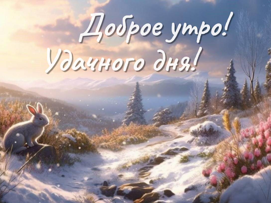 Зайчик смотрит на заснеженные горы и цветы