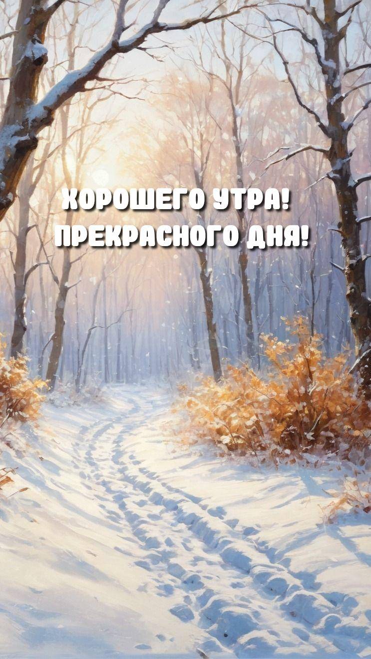 Заснеженная тропинка в лесу, солнечный свет сквозь деревья